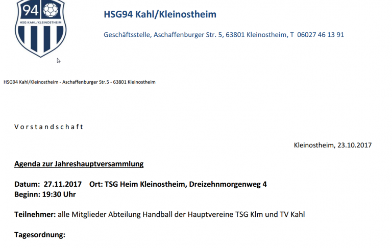 Einladung zu Jahreshauptversammlung am 27.11.17