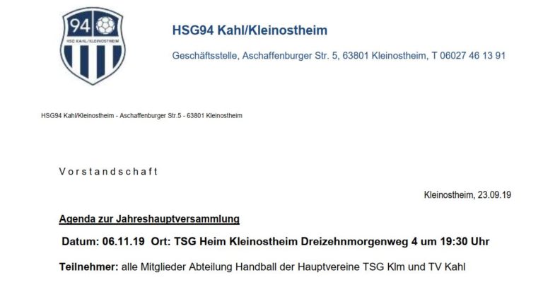 Einladung zur Jahreshauptversammlung am 06.11.19