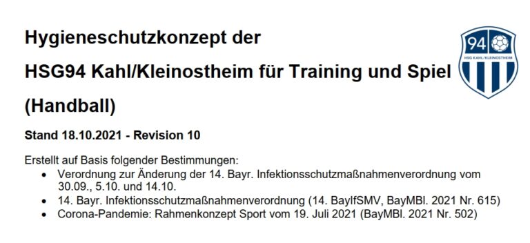 Anpassung des Hygieneschutzkonzeptes der HSG94 Rev. 10