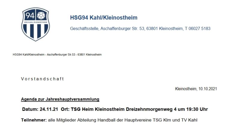 Einladung zu Jahreshauptversammlung am 17.10.22