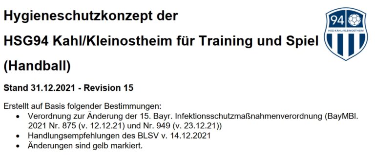 Anpassung des Hygieneschutzkonzeptes der HSG94 Rev. 15